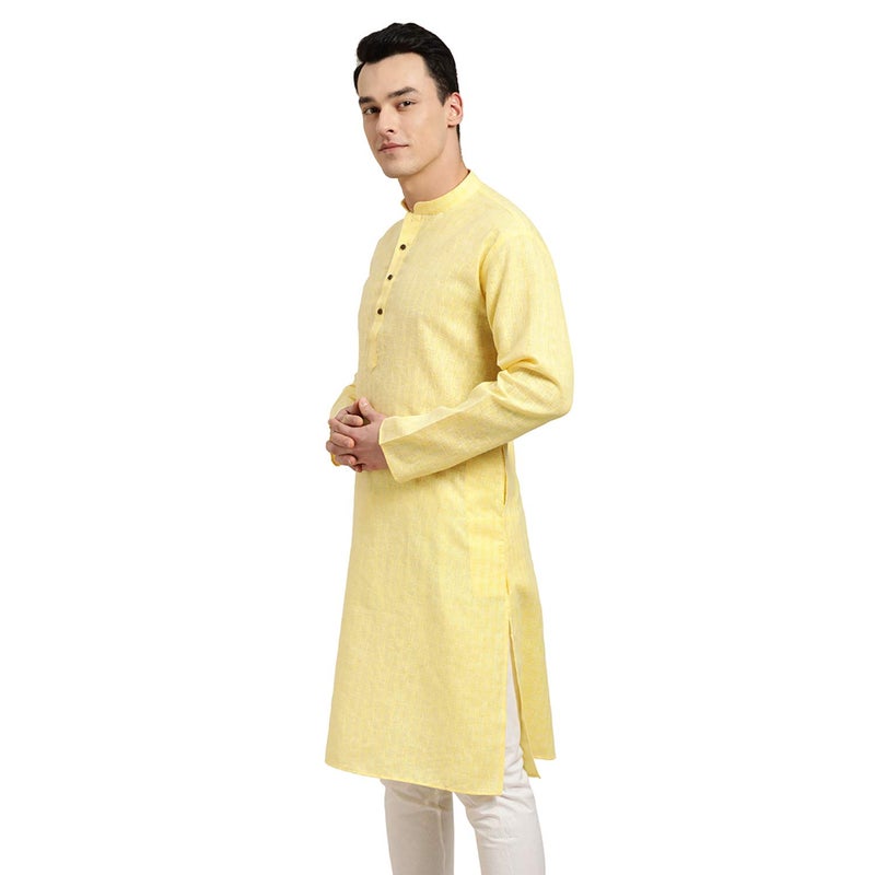 Sojanya (Since 1958 Men'S Cotton Linen Yellow Checked Only Long Kurta, Size 36 - Image 3